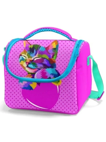 Pembe Sevimli Kedi Tasarımlı Yalıtımlı Çocuk Beslenme Çantası ürün görseli 1