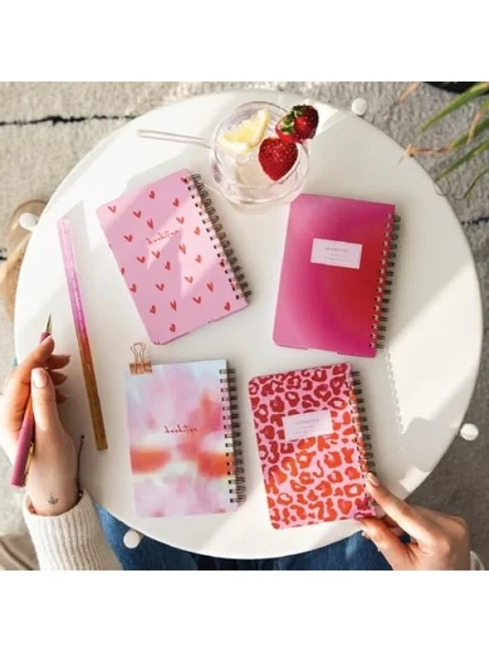 Taşınabilir 9x14 cm Sert Kapak Spiralli Çizgili Not Defteri Seti - 4'lü Pembe ürün görseli 1