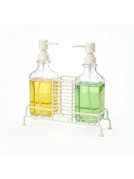 2'li Şık Kare Cam Sabunluk Seti | 500 ml x 2 | Ferforje Metal Stand | Mutfak ve Banyo Düzenleyici ürün görseli 1
