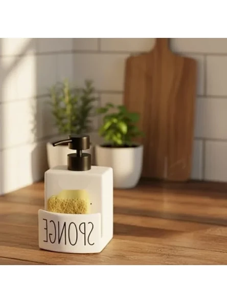 Beyaz Seramik Sıvı Sabunluk ve Süngerlik Seti - 500 ml, Kaymaz Taban ürün görseli 1