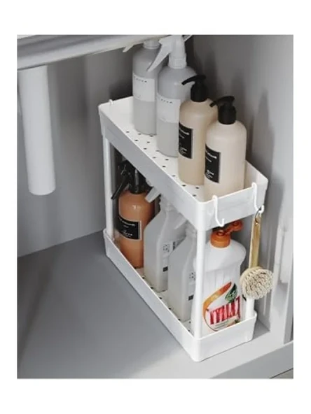 Çok Amaçlı 2 Katlı Evye Altı Düzenleyici Askılı Banyo Organizer Raf ürün görseli 1