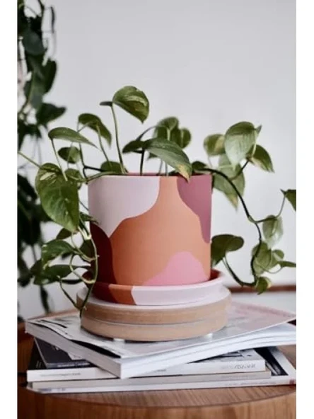 Doğal Terracotta Saksı ve Tabak - Pembenin Tonları (Küçük) ürün görseli 1