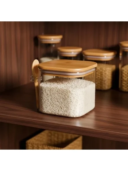 600 ml Bambu Kapaklı Cam Kavanoz - Kaşıklı Tasarım, Vakumlu Kapak ürün görseli 1