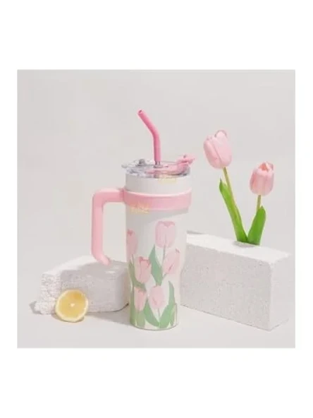 1200ml Pembe Lale Desenli Paslanmaz Çelik Termos - Resim 2