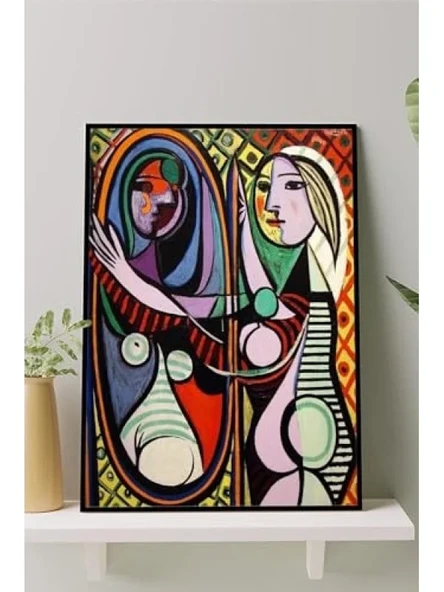 Sanatsal Tablo - Ayna Karşısındaki Kız Tablosu 21 x 30 cm Çerçeveli ürün görseli 1