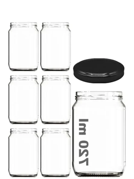 720 ml Şeffaf Cam Kavanoz, Metal Siyah Kapaklı, 6 Adet ürün görseli 1