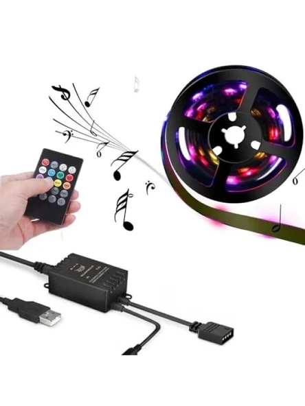 5V USB RGB Şerit LED - 100cm, Kumandalı ve Ses Sensörlü ürün görseli 1