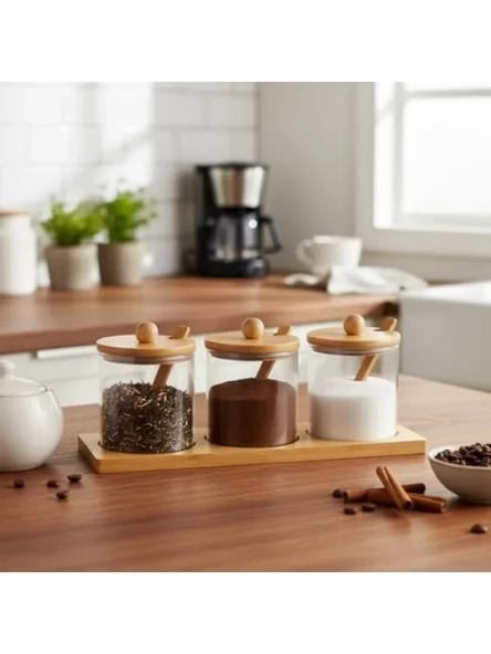 Bambu Standlı 3'lü Cam Baharatlık Seti ürün görseli 1
