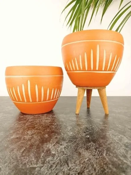 Dik Çizgi Desenli Terrakota Toprak Saksı - İkili Set - 15 cm - Ayaksız ürün görseli 1