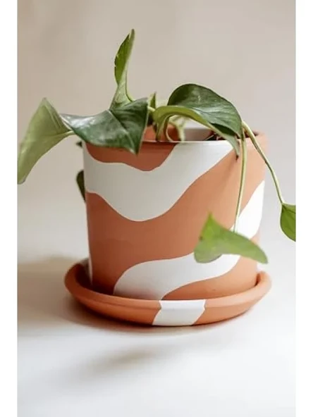 El Yapımı Terracotta Silindir Saksı + Tabak - Bohem Beyaz (Küçük) ürün görseli 1