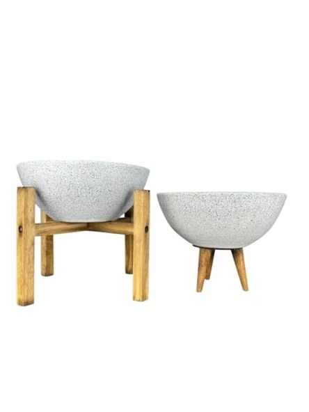 Beyaz Granit 3-4 Ayaklı İkili Set Toprak Saksı 20 cm Çap ürün görseli 1