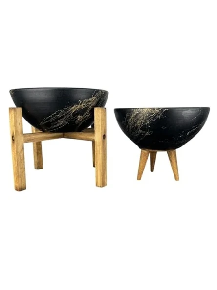 Siyah Gold Mermer Efektli 3-4 Ayaklı Toprak Saksı İkili Set - 20 cm Çap ürün görseli 1