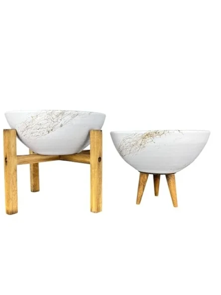 Beyaz Gold Mermer Efektli 20 Cm Çapında 3-4 Ayaklı İkili Bitki Saksı ürün görseli 1