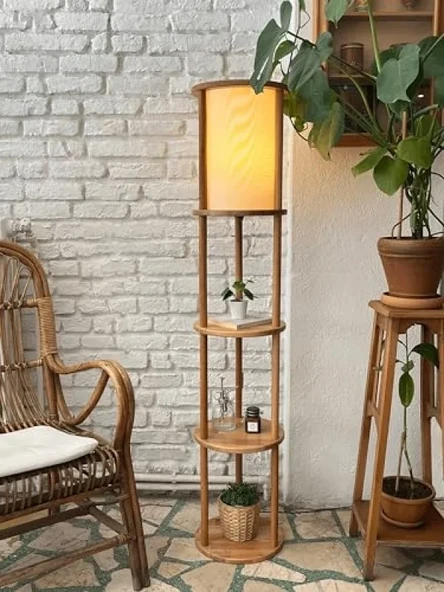 3 Katlı Ahşap Lambader ve Keten Abajur ürün görseli 1