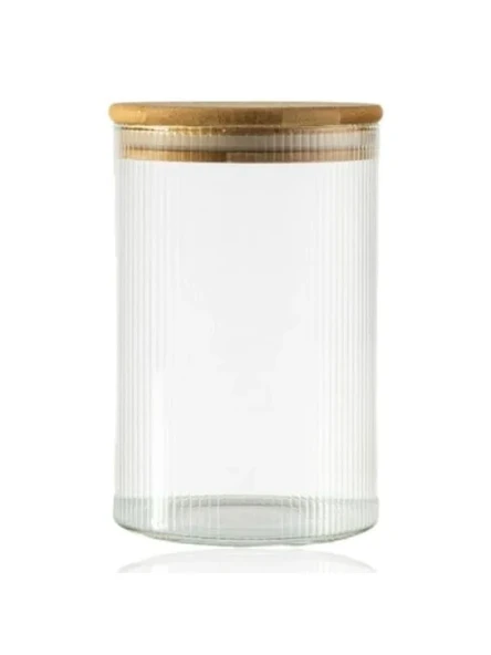 300 ml Bambu Kapaklı Yuvarlak Çizgili Cam Kavanoz ürün görseli 1