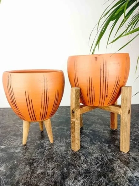 Siyah Çizgi Desenli 15 Cm İkili Set Terrakota Saksı ürün görseli 1