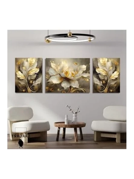 3 Parça Şık Kanvas Duvar Tablosu, Gold Sarı Beyaz Çiçek Tasarım, 40 x 60 cm ürün görseli 1