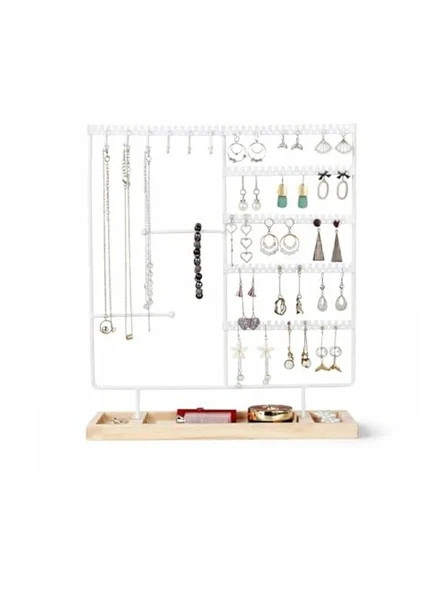 Ahşap Tabanlı Masaüstü Kolye Küpe Bileklik Takı Aksesuar Organizer Standı AL5462 (Gold) ürün görseli 1