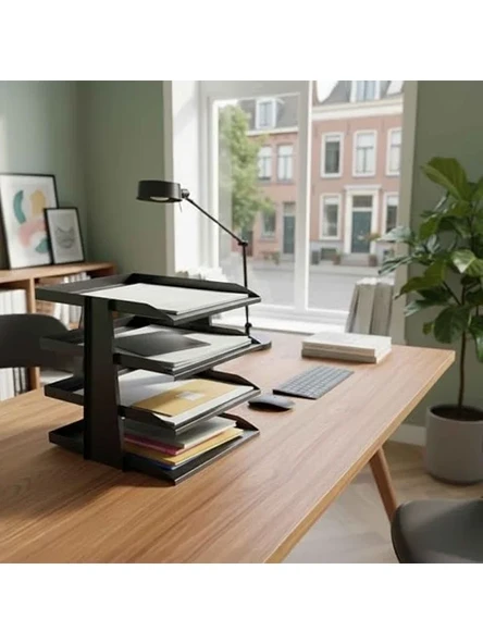 SteelLine 4 Katlı Metal Dosya Rafı - Masa Üstü Ultra Sağlam Ofis Organizer (29.5x30.5x25cm) (Siyah) ürün görseli 1