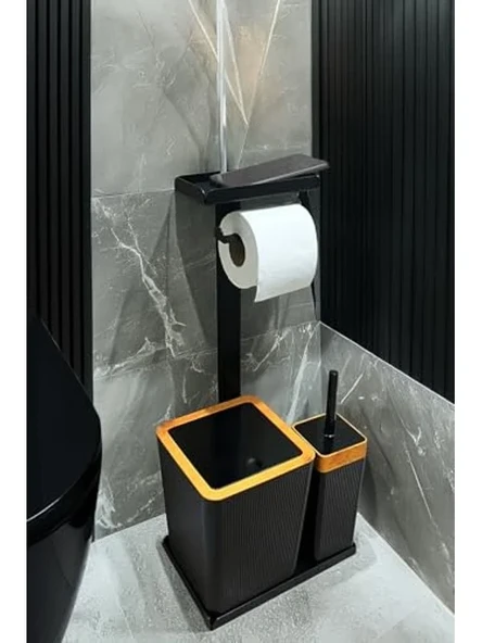 3'ü 1 Arada Banyo Seti Tuvalet Kağıtlık, Çöp Kovası Ve Tuvalet Fırça Takımı Set Çizgili (Ahşap Siyah) ürün görseli 1