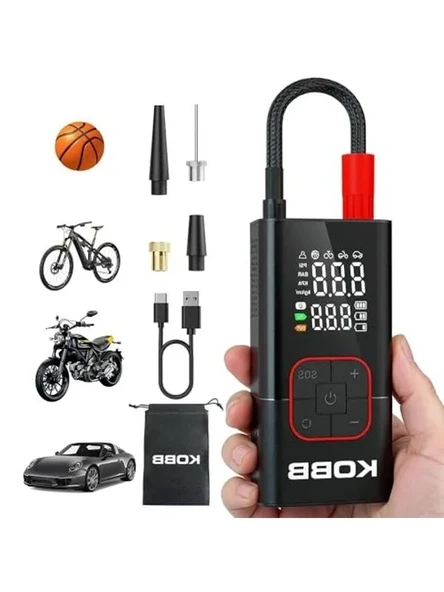 KOBB KB412 Şarjlı Dijital Lastik Şişirme Pompası, 150 PSI, Powerbank, LED Lamba, Li-ion, 1800mAh, 13x6.5x5 cm ürün görseli 1
