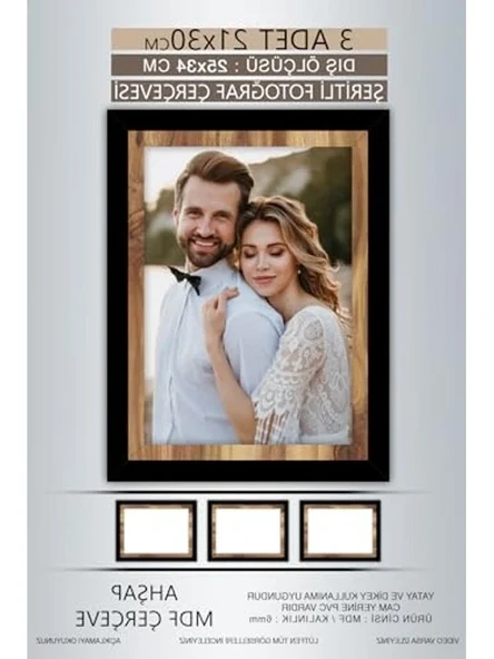 3 Adet 21x30 cm Siyah Ahşap Şeritli Çerçeve, Diploma İçin ürün görseli 1