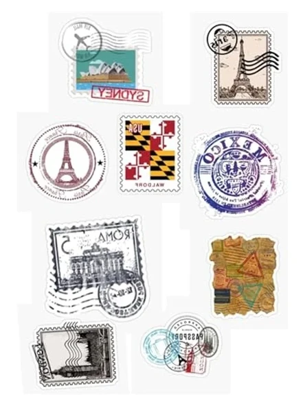 Vintage Dünya Şehirleri Temalı Pul Tasarımlı Sticker Seti ürün görseli 1