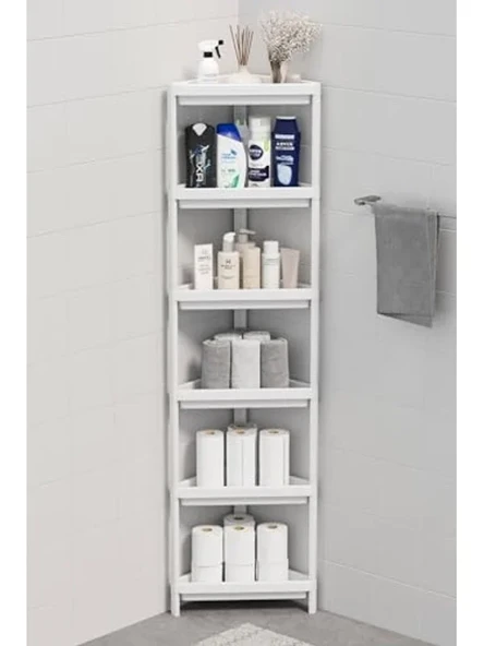 6 Katlı Üçgen Plastik Raf, Banyo ve Mutfak İçin Beyaz Renk ürün görseli 1