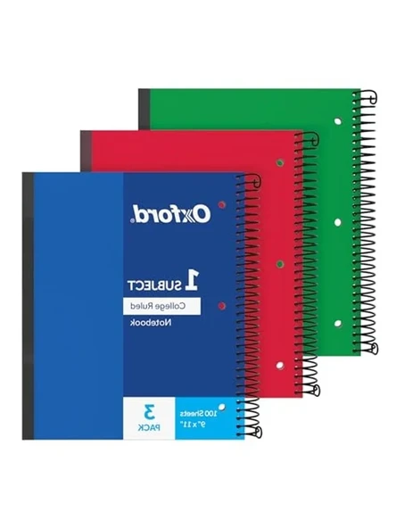 Spiral Defter 3'lü Paket, 1 Konu, Üniversite Kuralı, Dayanıklı Plastik Kapaklar, Güçlü Bobin, 1 Cep, 8,5 x 11, 100 Yaprak, Mavi, Kırmızı, Yeşil (89801) ürün görseli 1