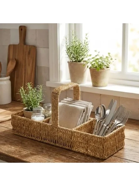40x13x17 cm Ölçülerinde 3 Bölmeli Hasır Sepet, Çok Amaçlı Organizer ürün görseli 1