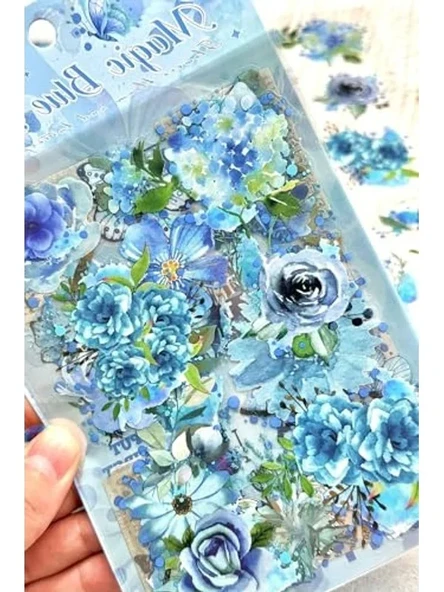 60 Adet Şeffaf Büyük Mavi Çiçek Sticker, Scrapbook için ürün görseli 1