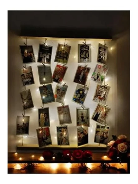 Ledli Ahşap Fotoğraf Askısı, Mandallı İpli Tasarım ürün görseli 1