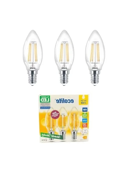 Ekolite 4W LED Filament Mum Ampul, 2700K Sarı Işık, 470 Lümen, 3'lü Paket ürün görseli 1