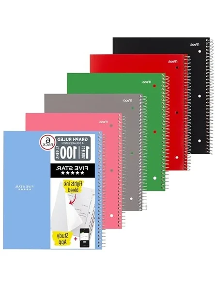 Spiral Defter + Çalışma Uygulaması, 6'lı Paket, 1 Konu, Grafik Çizgili Kağıt, 21.6 x 27.9 cm, 100 Yaprak, Mürekkep Geçirmez, Suya Dayanıklı Kapak, Karışık Renkler (73549) ürün görseli 1