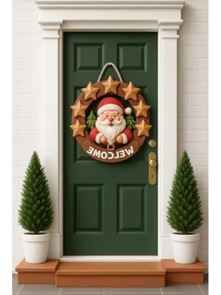 Ahşap Yuvarlak Yıldızlı Noel Kapı Süsü (23 cm) ürün görseli 1