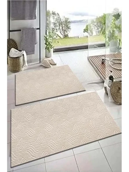 Kaymaz Tabanlı Banyo Paspası Klozet Takımı, 50x90 ve 40x50 cm, Bej Renk, 2 Parça Set ürün görseli 1