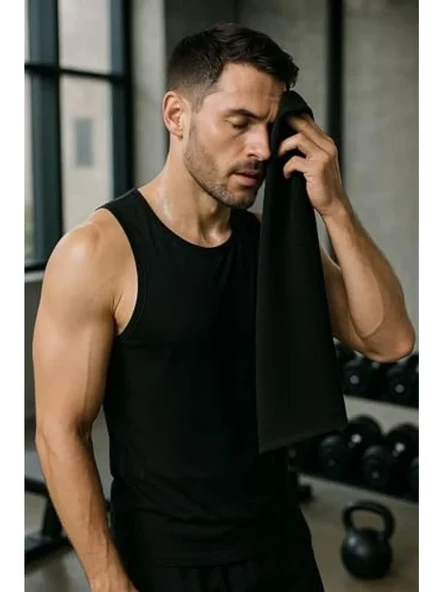 Siyah Pamuklu Spor Fitness Havlusu, 30X100 cm Boyut ürün görseli 1