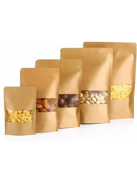 50'li Paket Pencereli Kraft Doypack Poşetler, Çok Amaçlı Gıda Saklama ürün görseli 1