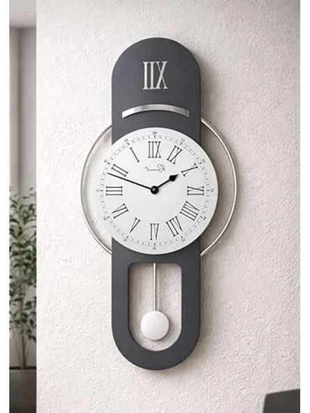 Hareketli sarkaç, Cam Yüzeyli, Metal halkalı, Dekoratif Duvar Saati - ROMA 70CM (ANTRASİT GÜMÜŞ) ürün görseli 1