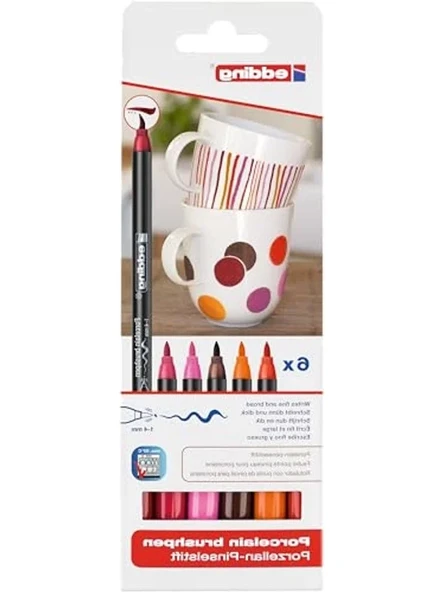 Edding 4200 porselen fırça kalemi - 3 x kırmızı, turuncu, kahverengi, pembe - 6 kalem - fırça ucu 1-4 mm - bulaşık makinesinde yıkanabilir, ışığa dayanıklı mürekkep, çabuk kuruyan ürün görseli 1