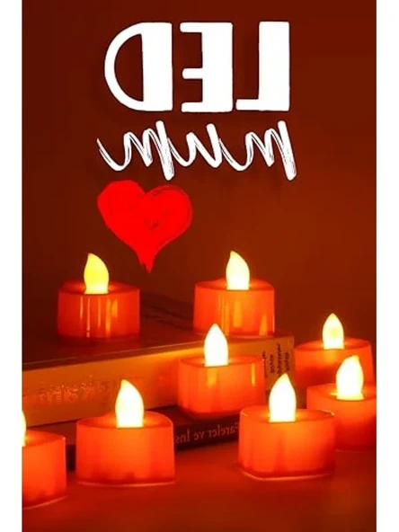8 Adet Dekoratif Pilli Led Mum Seti, Kalp Kırmızı Renk, 4 cm Boyut ürün görseli 1