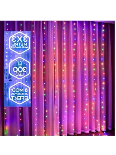Dekoratif 300 LED Perde Işık, 3x3 Metre, Kumandalı, Çok Renkli ürün görseli 1