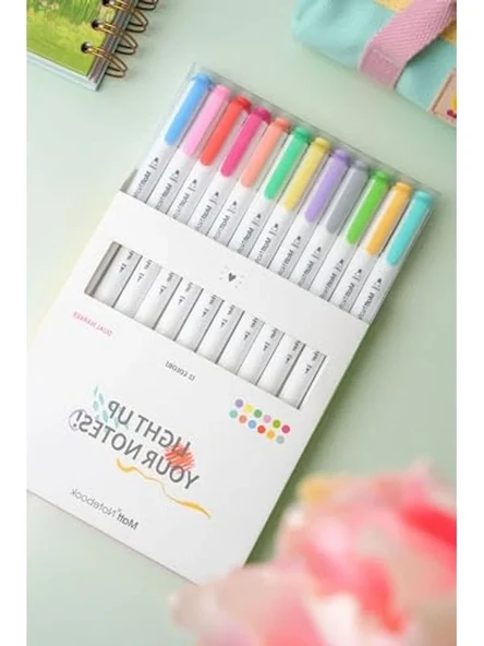 Pastel Renk 12 Renk Çift Uçlu Fosforlu Kalem Seti, Highlighter ve Fineliner ürün görseli 1