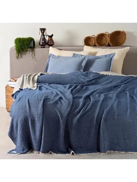 Müslin Pike Çift Kişilik, 100% Pamuk 4 Katlı Kaliteli Müslin Yatak Örtüsü, Dekoratif Şık Yumuşak Hafif Yazlık Pike (Lacivert, Çift Kişilik 220x240 cm) ürün görseli 1
