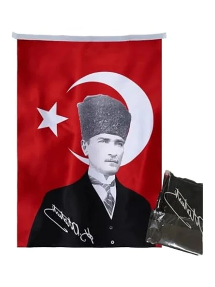 Türk Bayrağı Kalpaklı Atatürk Fotoğraflı, 70x105 cm Boyutunda ürün görseli 1