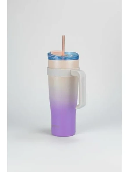 Pembe Pipetli Termos Bardak, 1000ml Kapasite, Pratik ürün görseli 1