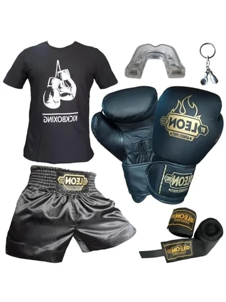 Boks Eldiveni, Leon Kick Boks Şortu, Tişört, Bandaj, Dişlik Seti Siyah (Siyah, XL) ürün görseli 1