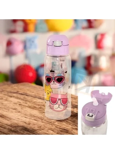 500ml Pipetli Matara, Lila Renk ve Kedi Desenli ürün görseli 1