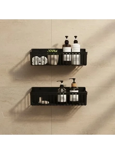 Yapışkanlı Plastik Siyah Banyo Rafı, Su Tahliyeli Organizer Seti ürün görseli 1