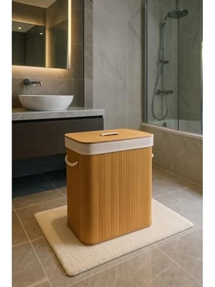 Büyük Boy 100 LT Bambu Çamaşır Sepeti, 60x52x32 cm Ölçülerinde ürün görseli 1